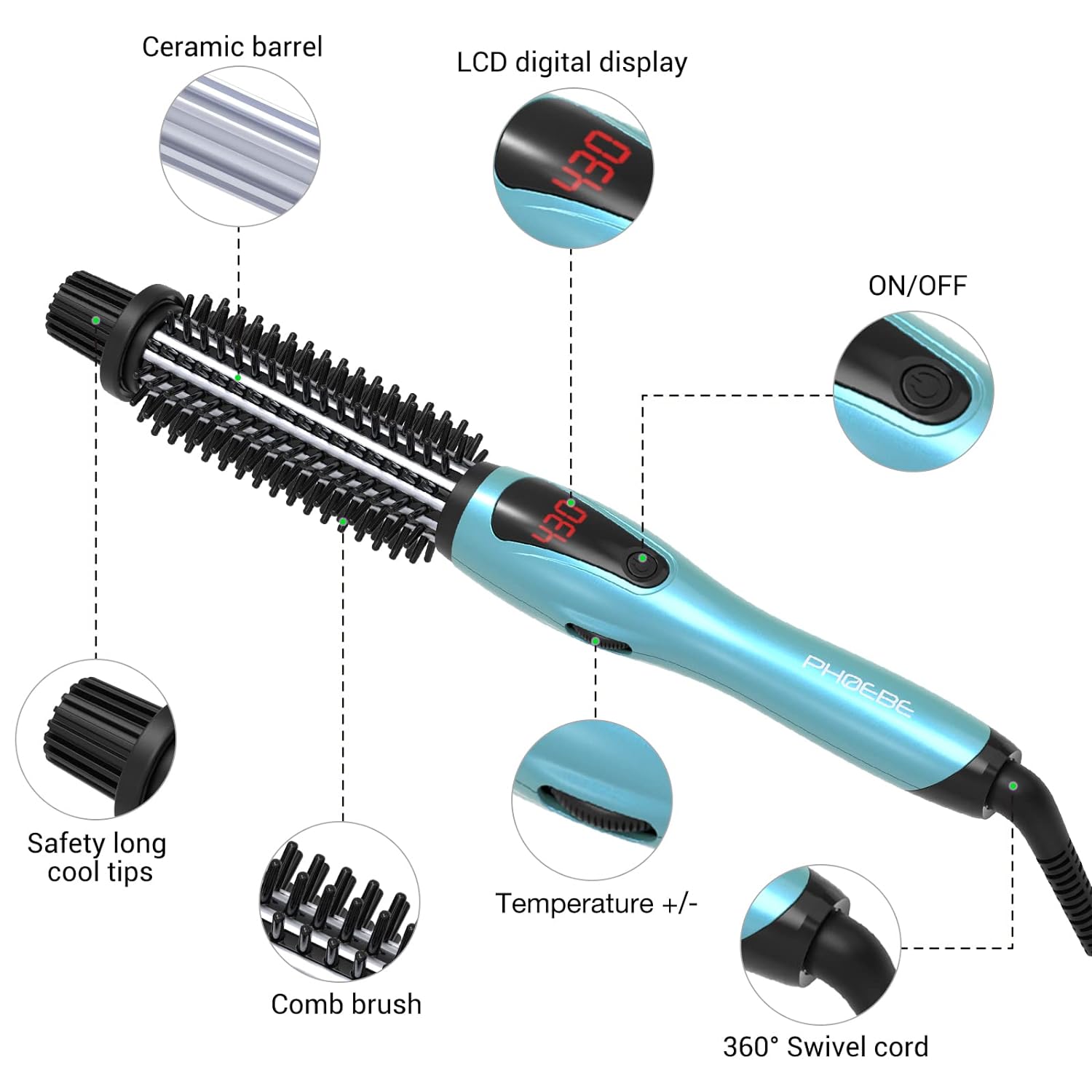 Thumbnail 4 de PHOEBE 1-Inch Curling Iron Brush with Ceramic & Tourmaline Ionic Tech, Anti-Scald Bristles