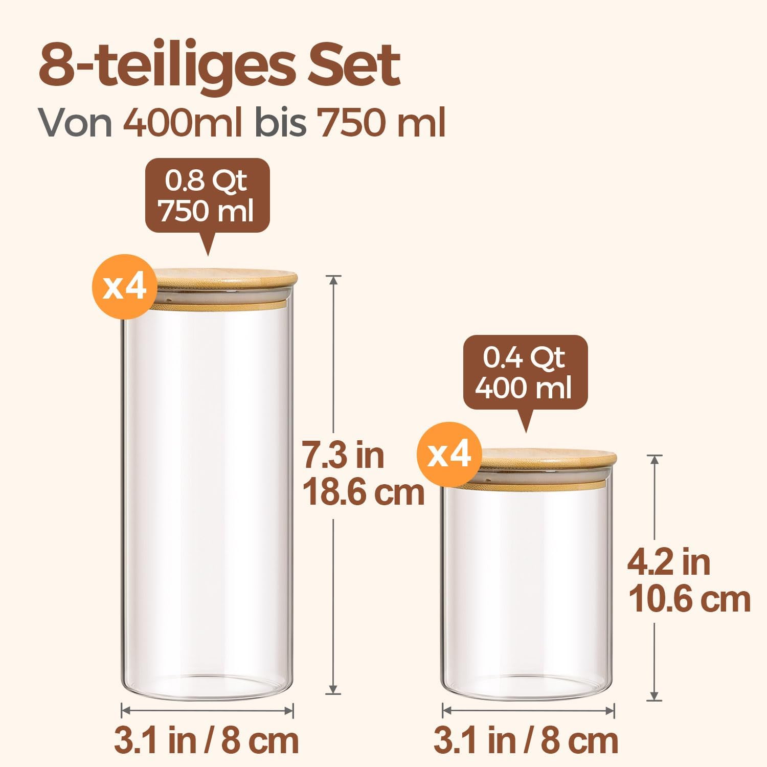 Detalle de ComSaf Glasbehälter mit Deckel 8-teiliges Set (4×400 ml + 4×750 ml) – luftdicht, stapelbar