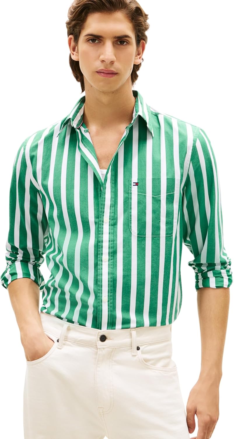 Detalle de Tommy Hilfiger Men's Flex Poplin Bold Stripe Shirt Mw0mw41715 L/S Shirt