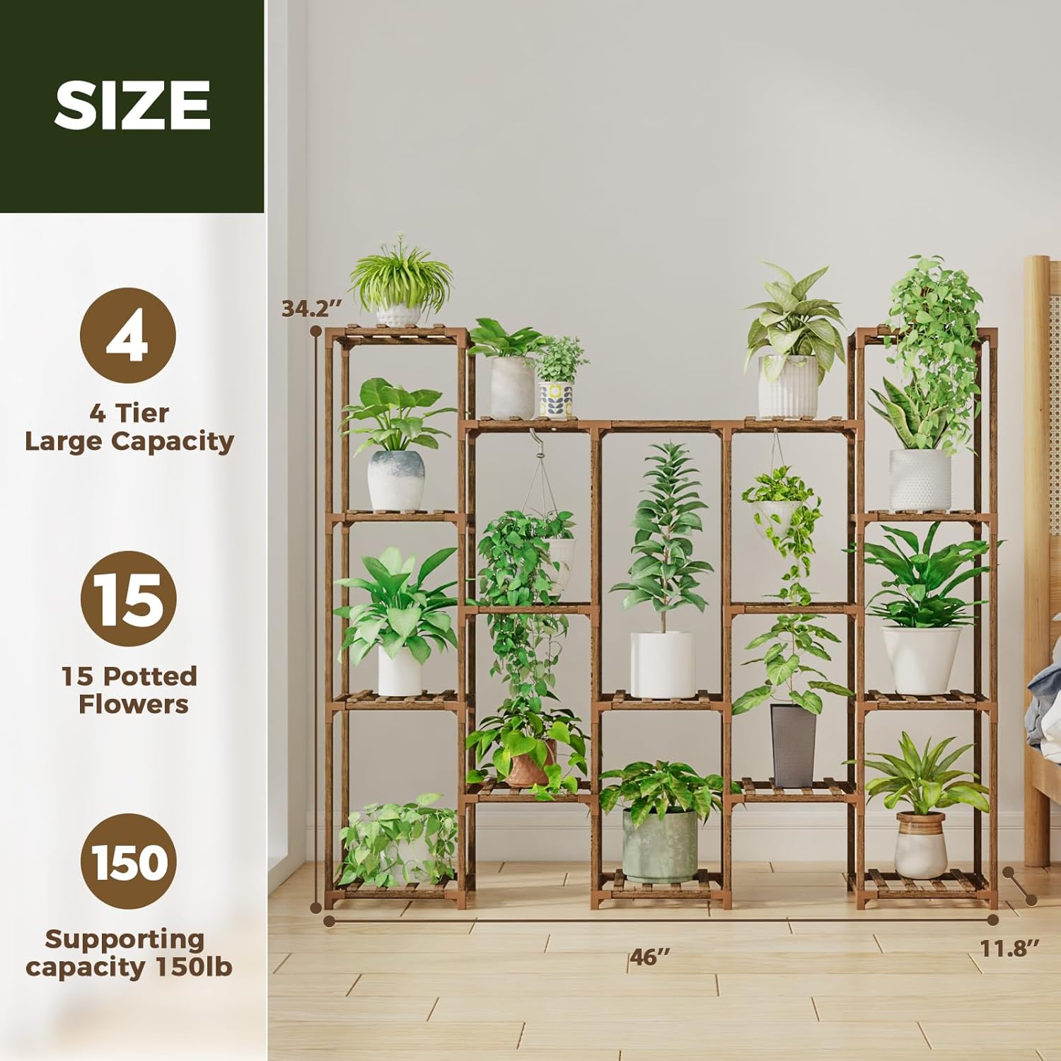 Detalle de Bamworld Großer Pflanzenständer Holz für 14 Töpfe (140×30×119 cm) – für Indoor & Outdoor