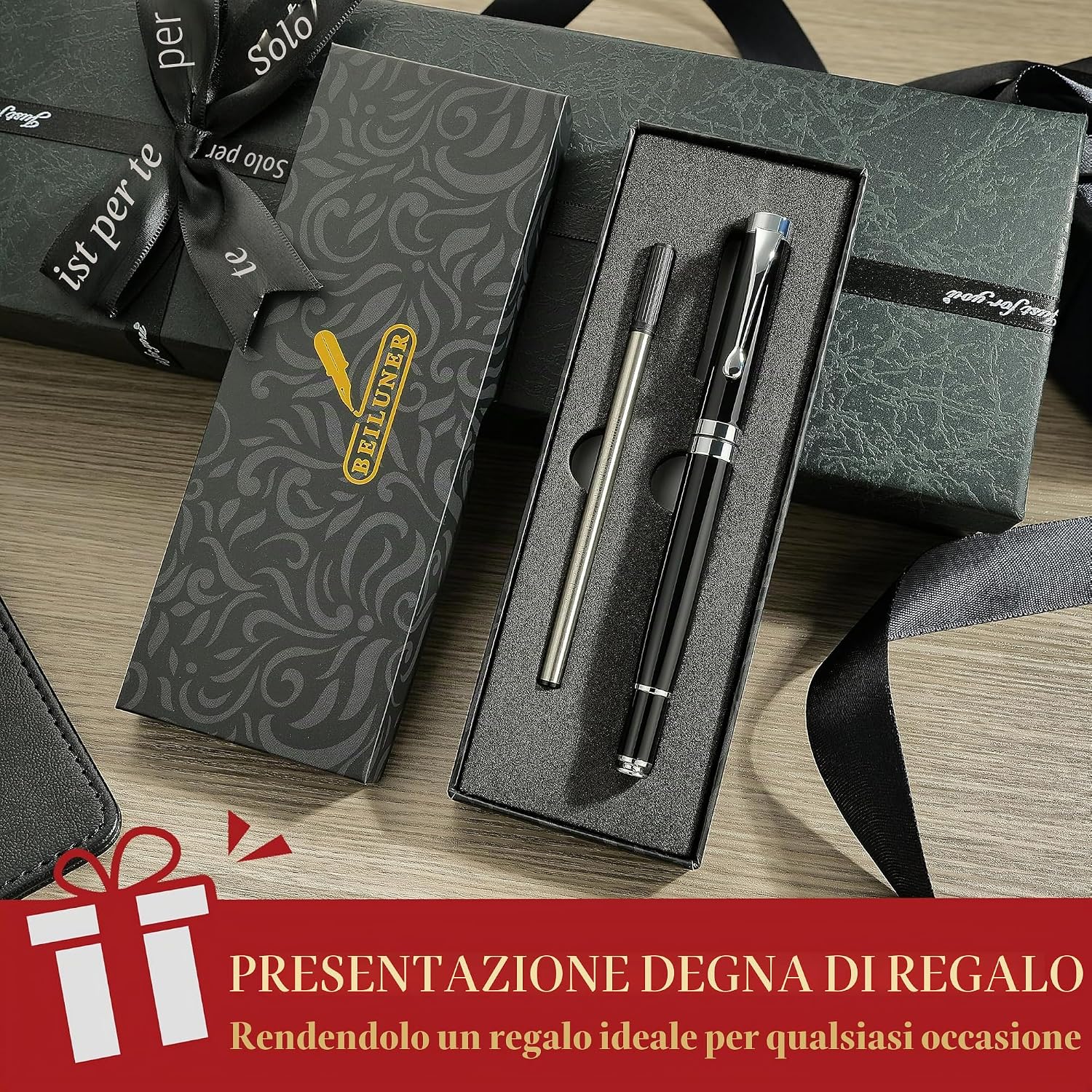 Detalle de BEILUNER Penna a Sfera Nero Cromato con Finitura Argentata – Set regalo con ricambio extra 0.5 mm