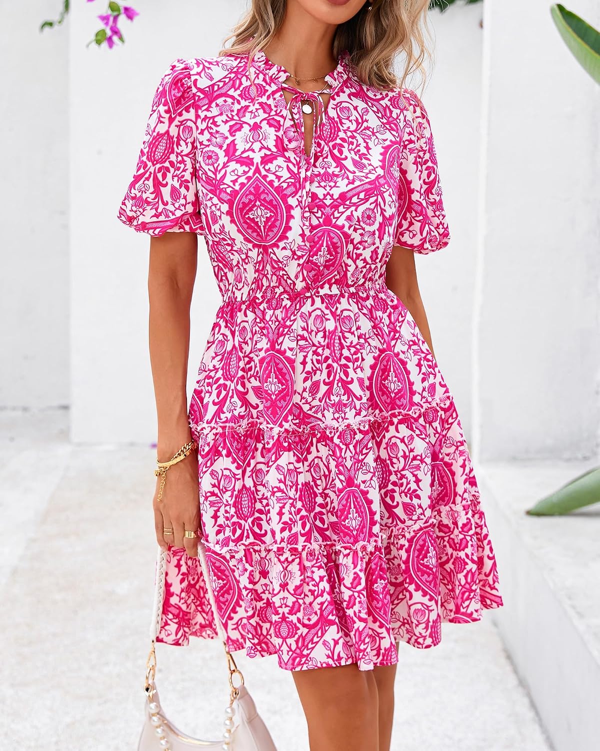 Thumbnail 4 de BTFBM Women’s Summer Floral Boho Swing Dress with V Neck & Tiered Ruffle Hem (Mini)