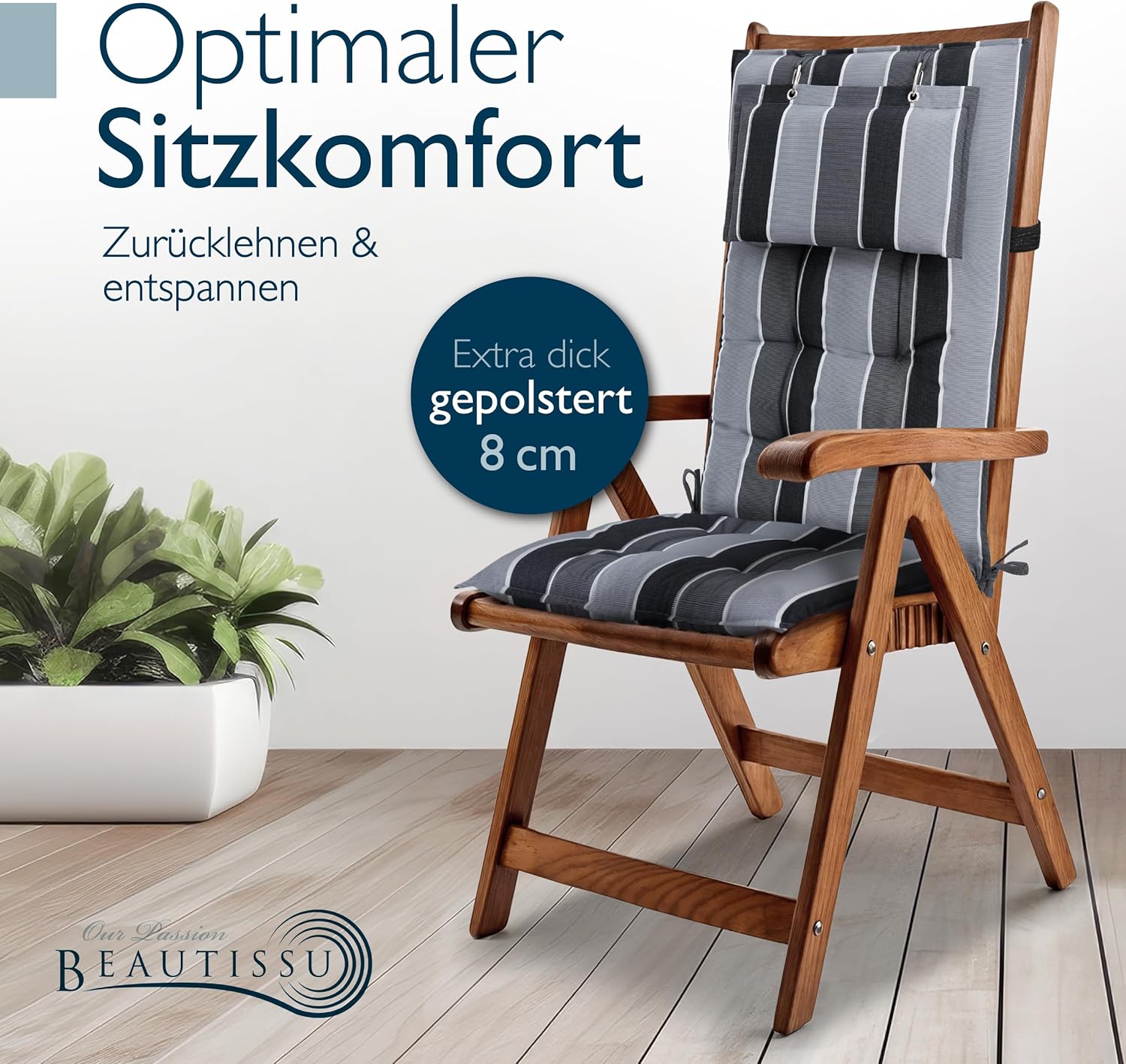Detalle de Beautissu 2er Set Premium Hochlehner Auflagen – 120x50 cm, 8 cm dick, Kopfpolster, rutschfest, UV-beständig, Anthrazit gestreift