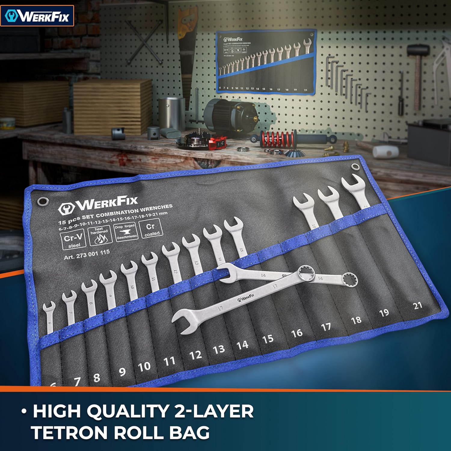 Detalle de S&R Werkfix Professional Metric Combination Spanner Set (15 pcs) 6–21 mm with Thin Ring Profile & Roll-Up Bag