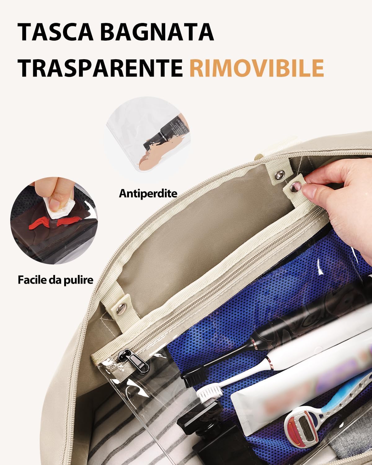 Detalle de ECOHUB Bagaglio a Mano Easyjet 45x36x20, borsa pieghevole 30L con tasca impermeabile (Beige)