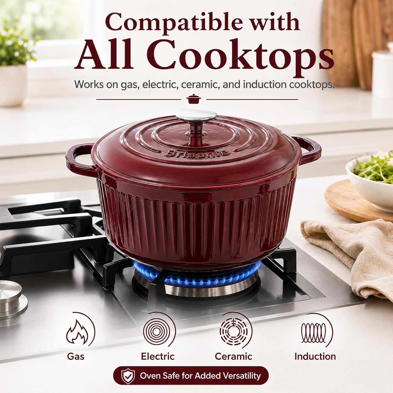 Thumbnail 5 de SENSARTE Enameled Cast Iron Dutch Oven (5.5 Quart) Red with Lid, Dual Handles, Trivet & Cotton Potholders