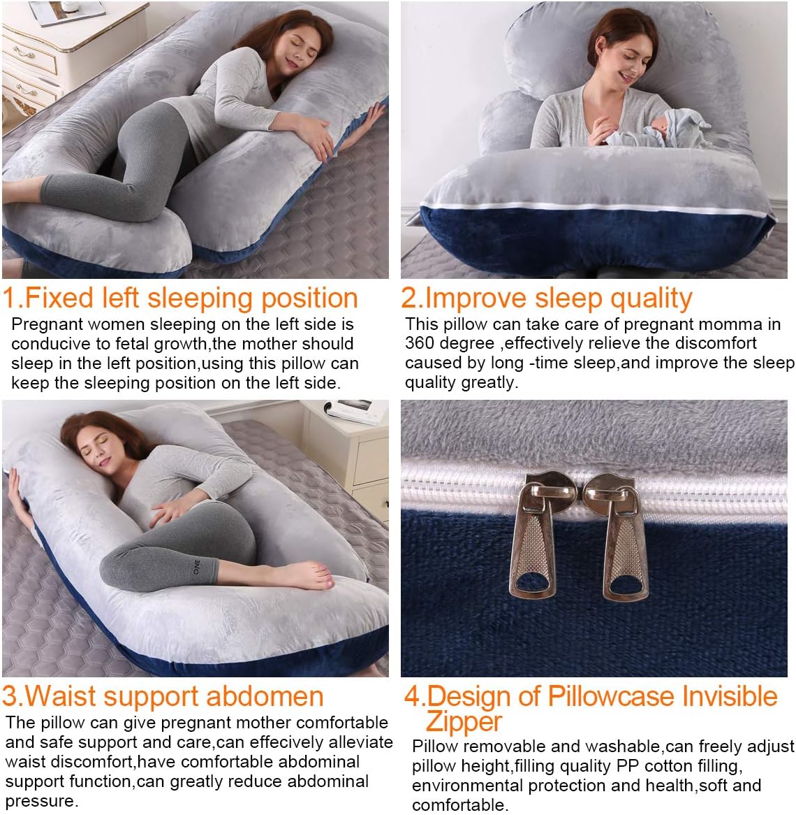 Thumbnail 2 de Coussin de grossesse en forme de U (G) avec housse velours lavable – Coussin d’allaitement bleu marine et gris