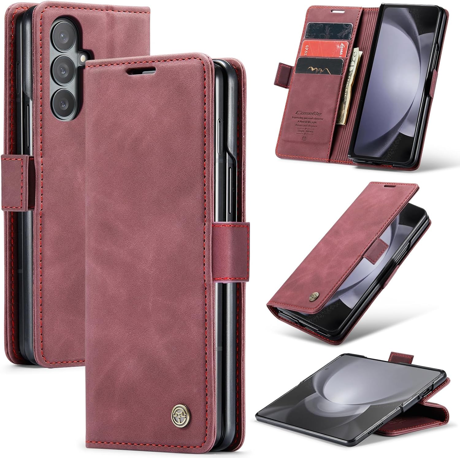 Lanranwa Handyhülle für Samsung Galaxy Z Fold 7 5G – Klapphülle aus PU-Leder mit Kartenfächern und Standfunktion (Weinrot)