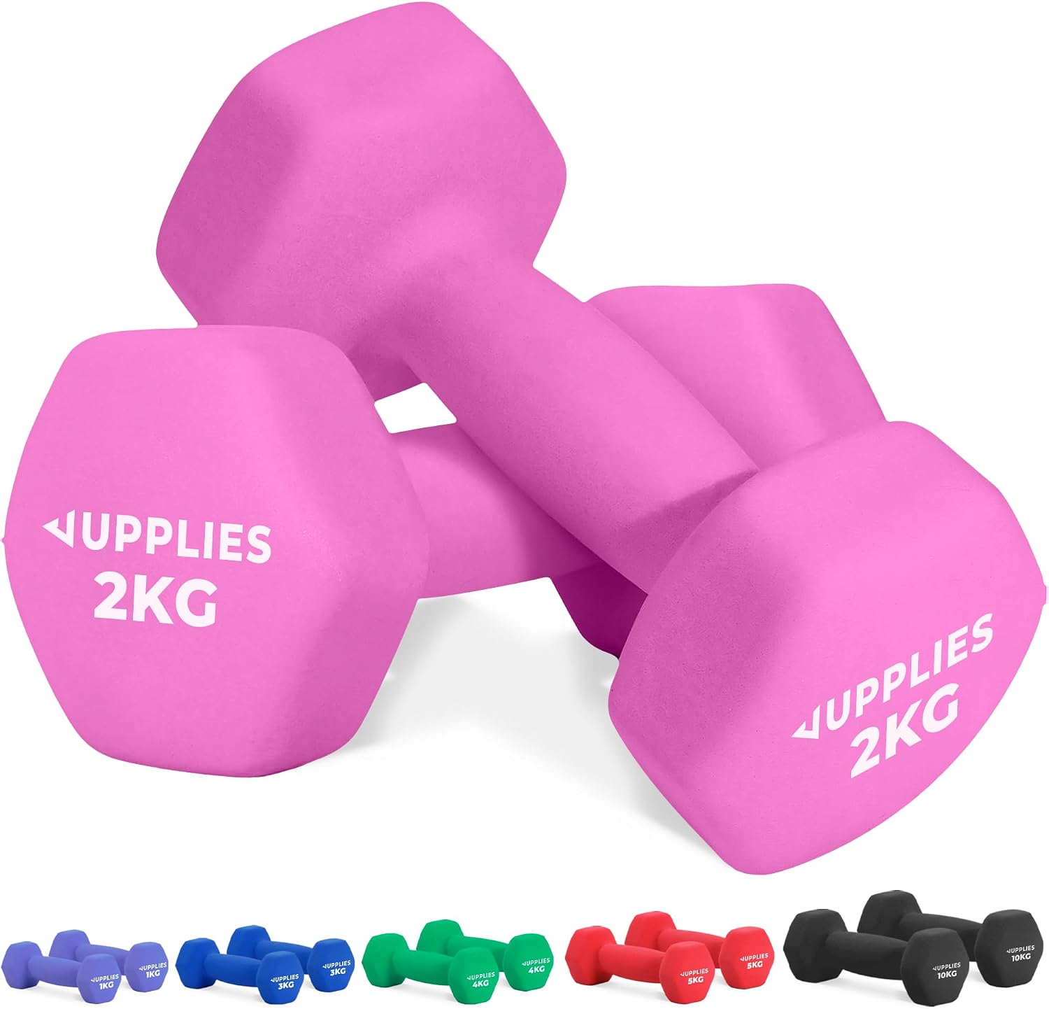 Detalle de JUPPLIES Juego de Mancuernas de Neopreno Rosa 2 x 2 kg – Antideslizantes, diseño hexagonal y compacto
