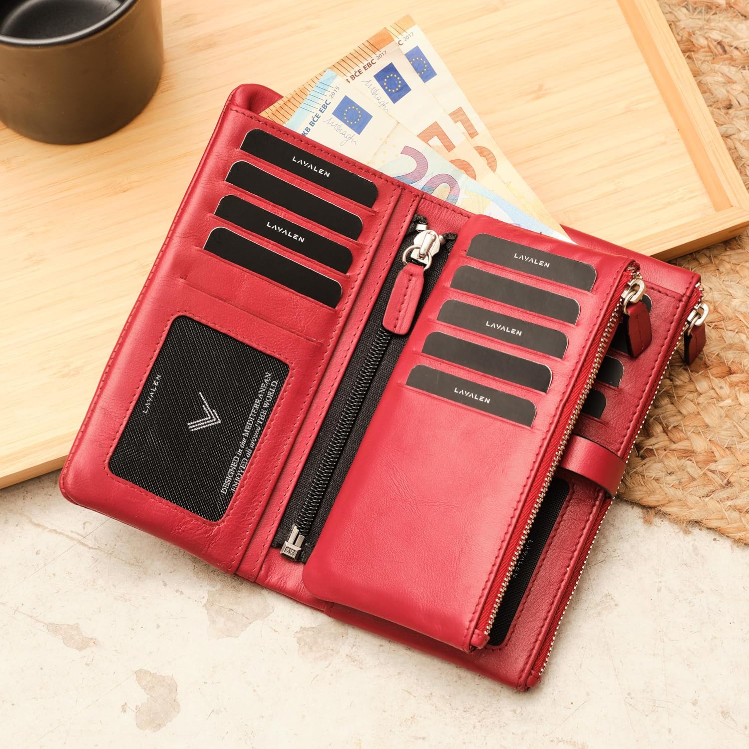 Detalle de Lavalen Portafoglio Donna in Pelle Vera — Portafoglio Grande Capacità con RFID, Rosso