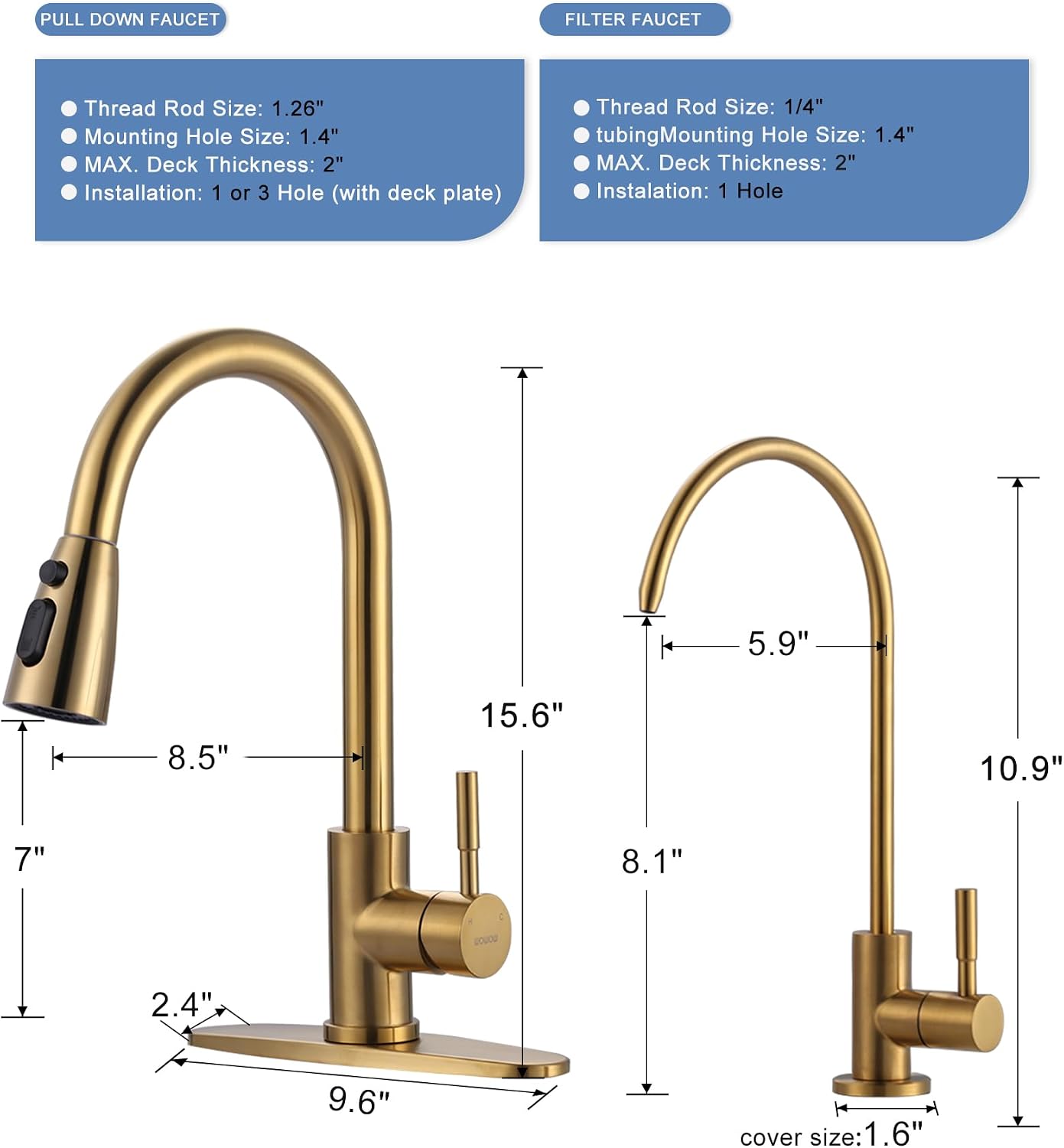 Detalle de WOWOW 2310301G-L Kitchen Faucet Combo, Brushed Gold, Pull-Down Sprayer
