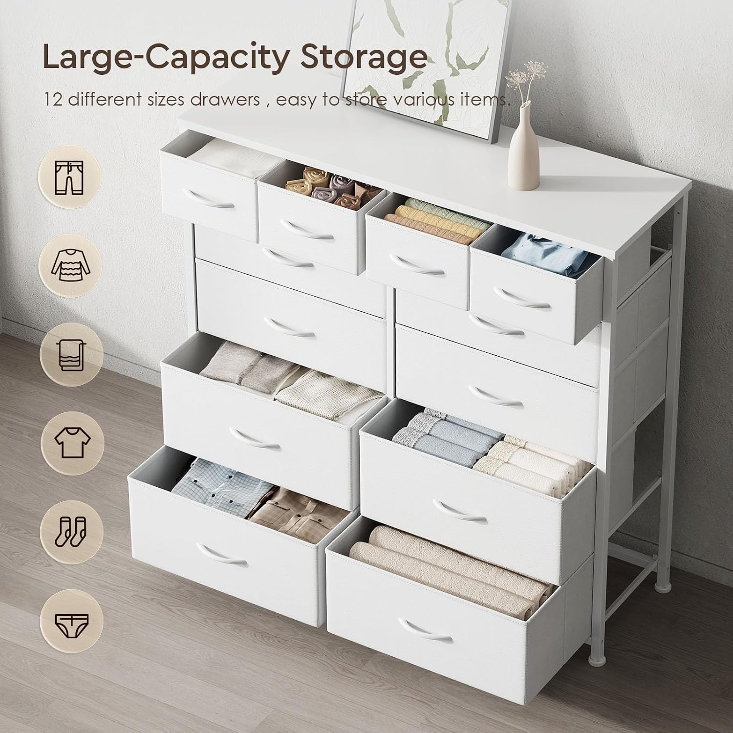 Thumbnail 3 de YeTom 12-Drawer Wide Dresser, White, with Removable Fabric Bins