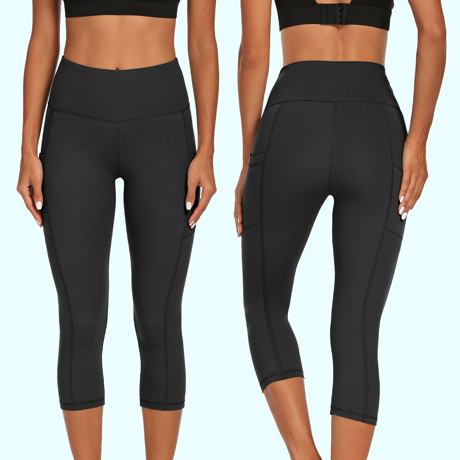 Detalle 2 de HIPOWER 3er Pack Damen Leggings mit Taschen – Capri/3/4 Hose High Waist für Yoga und Fitness