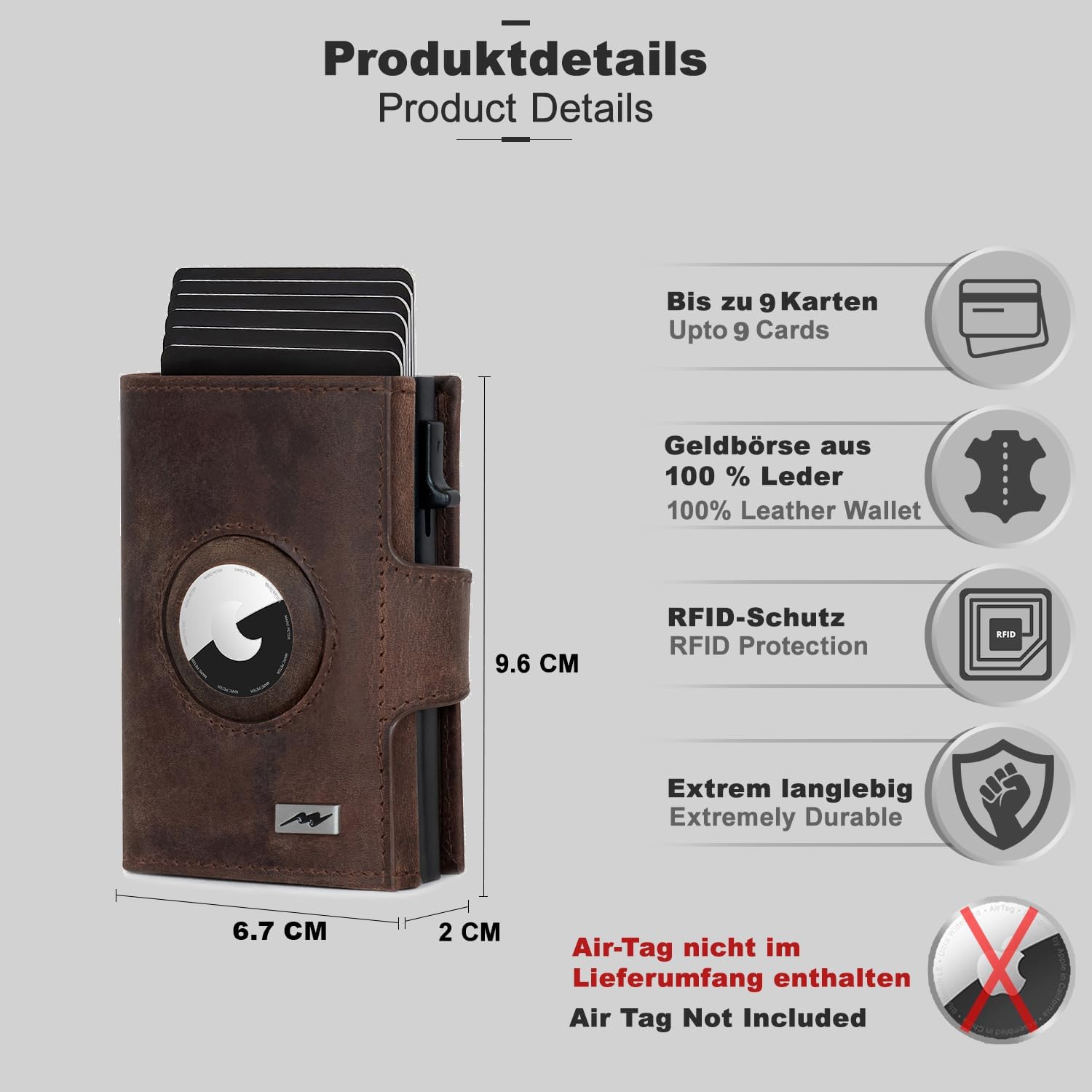 Thumbnail 4 de Marc Peter Chicago Vintage Braun Leder Push AirTag-Geldbörse mit Münzfach (RFID-Schutz), kleines Mini-Portemonnaie