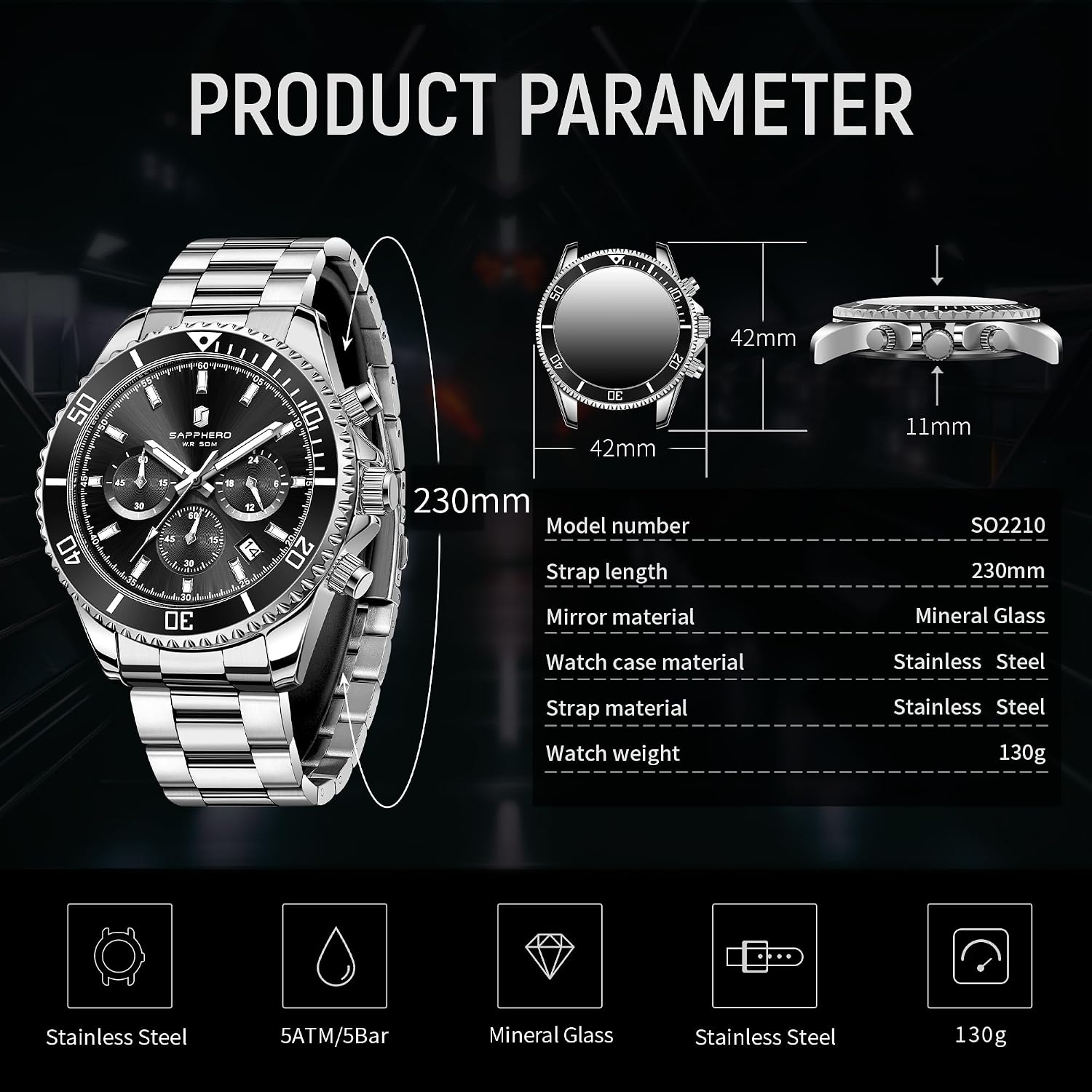 Detalle de SAPPHERO Herrenuhr Chronograph Analog Quarz – Edelstahl, 50 m Wasserfest, Kalender, 42 mm