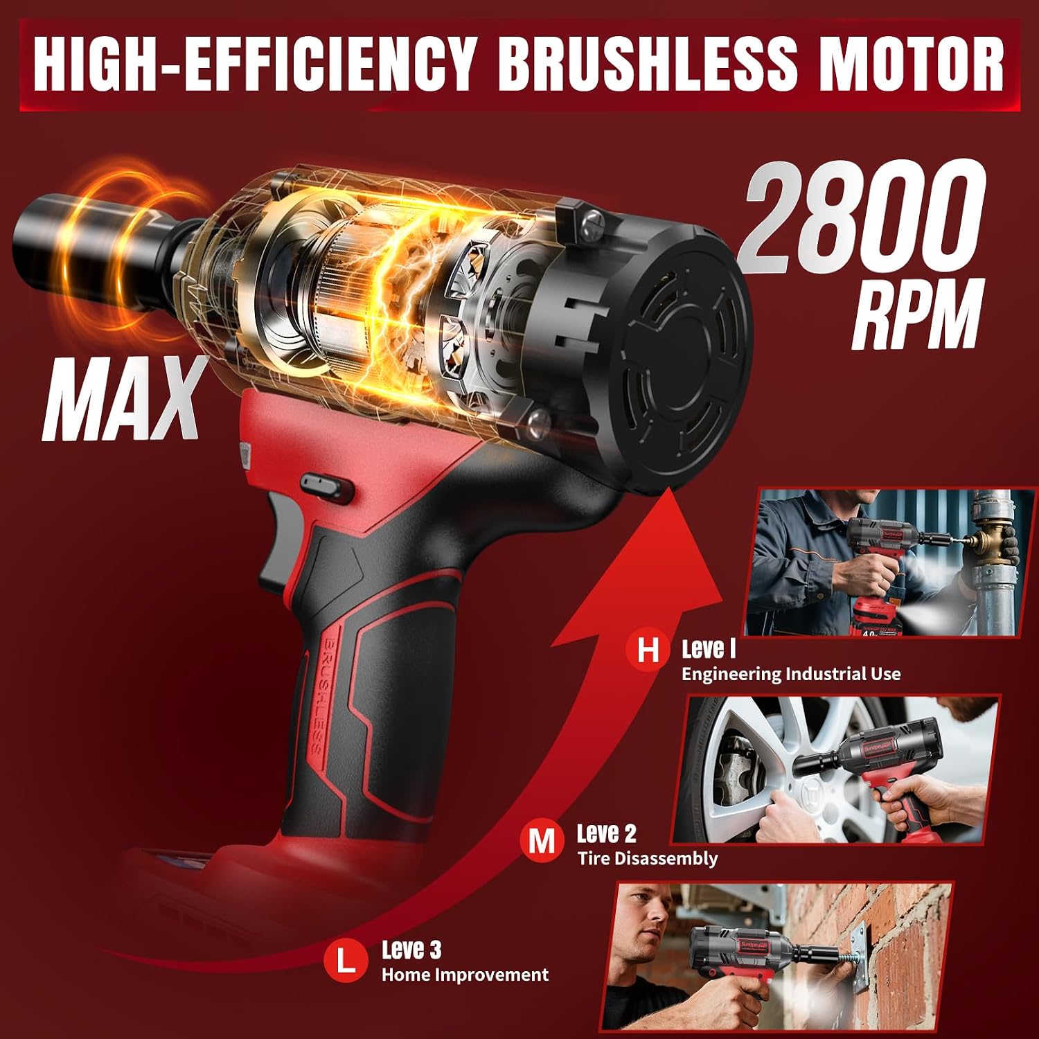 Thumbnail 1 de SundpeyPRO 1/2-Inch Cordless Impact Gun – 21V Brushless Wrench with 1480N·m, 2×4.0Ah Batteries & RSS, Case