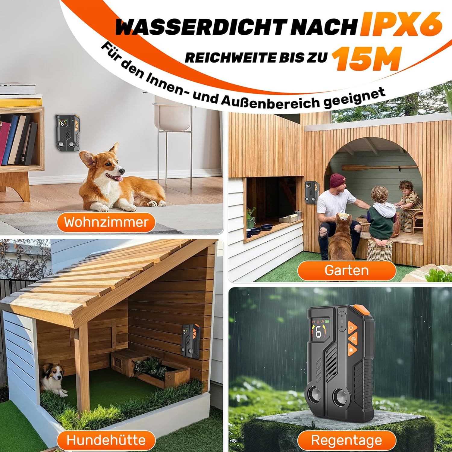Detalle 2 de Anti Bell Gerät für Hunde mit AI-Erkennung – Ultraschall-Hundeabwehr mit 2 Sendern, 6 Empfindlichkeit & 3 Intensität, IPX6, wiederaufladbar