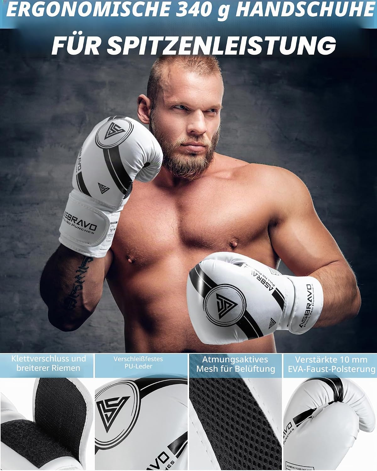 Detalle de ASBRAVO Boxsack für Erwachsene – 4ft PU-Leder, ungefüllt, inkl. 12oz Boxhandschuhe, 5m Handwraps, Springseil und Griffstärkungsgerät