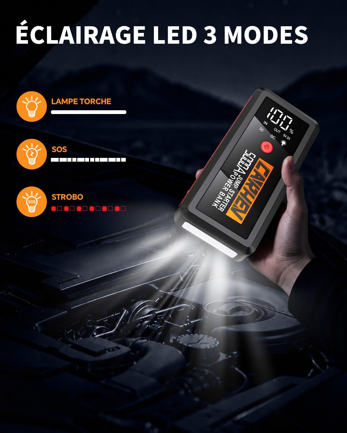 Detalle de CARHEV autoaccubooster, 5000 A en 12 V met lcd-scherm en veiligheidsklemmen