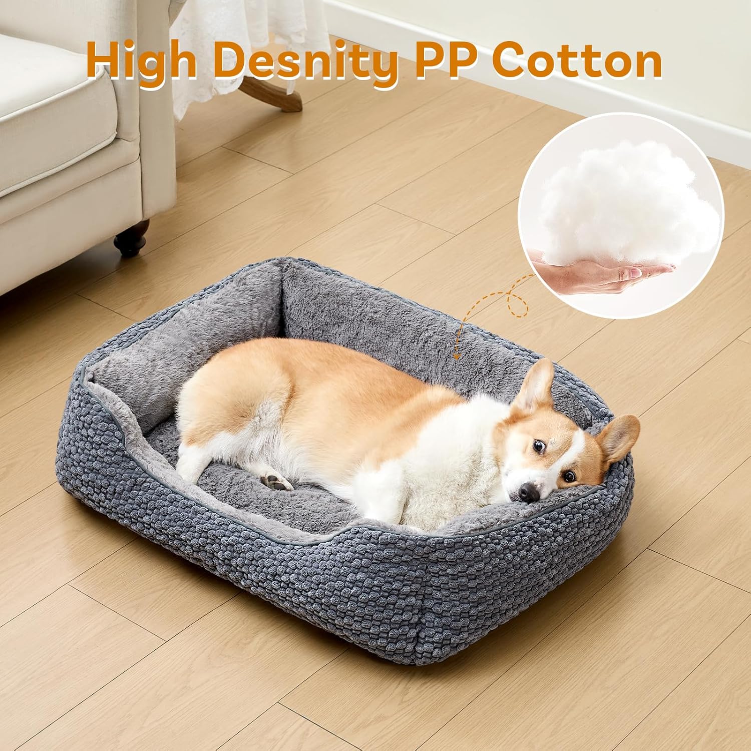 Detalle de Oveppy Small Dog Bed (52x48x15cm) – washable, super soft rectangle bed with raised edge