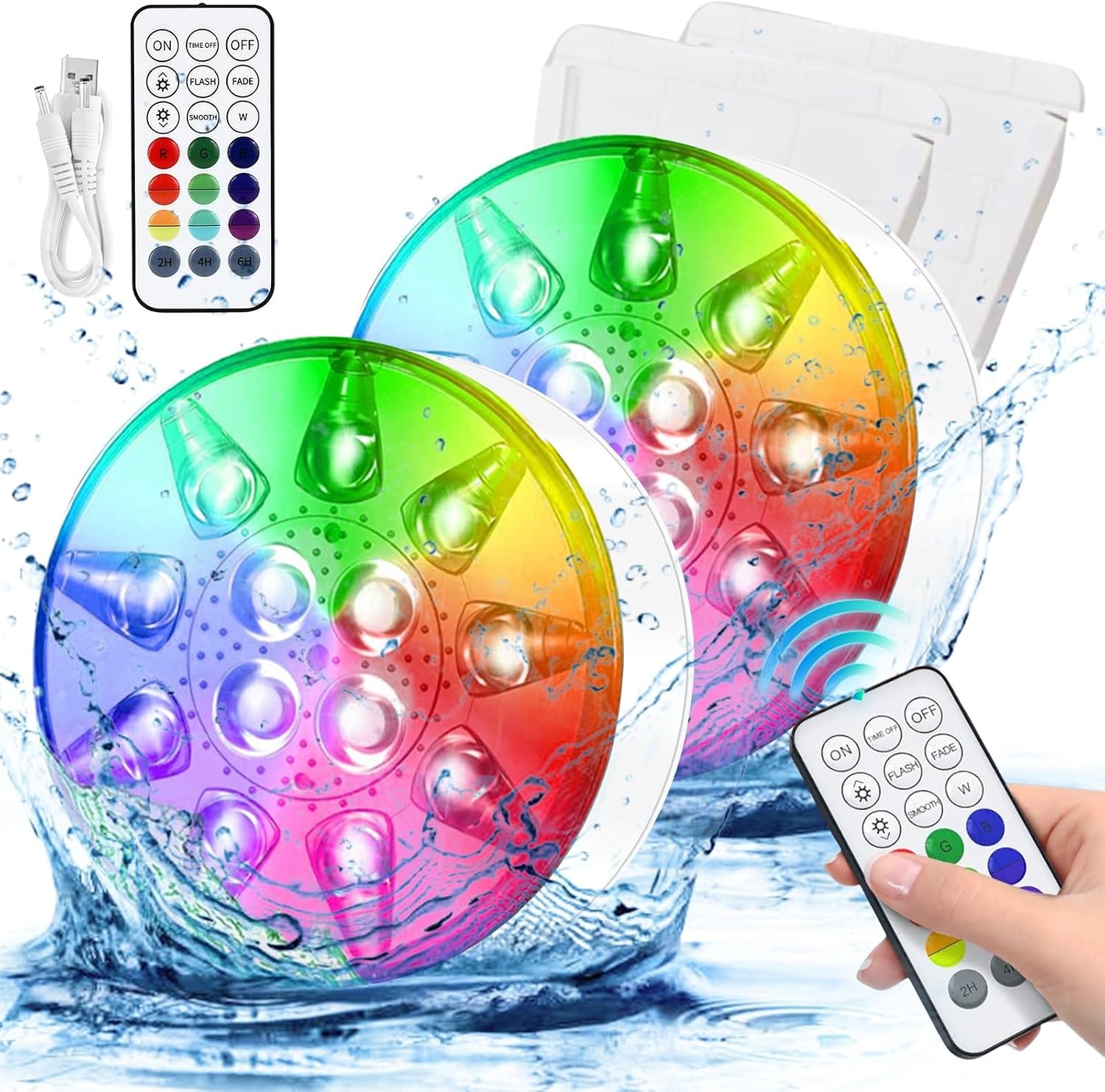 Detalle de HOSPAOP Unterwasser-LED-Lichtset (2er) – Wiederaufladbar, IP68, RF-Fernbedienung, RGB mit Timer