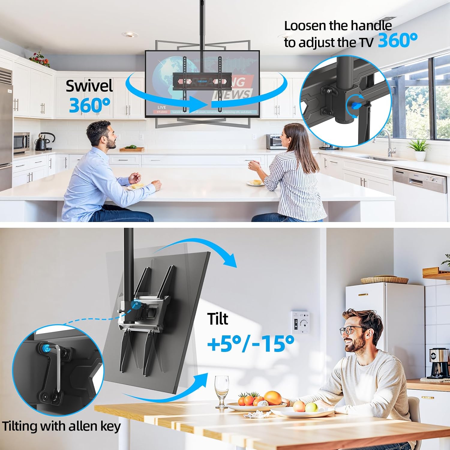 Thumbnail 1 de USX STAR Ceiling TV Mount (26–65 in) | 360° Swivel Full-Motion, Height-Adjustable, Max VESA 400x400