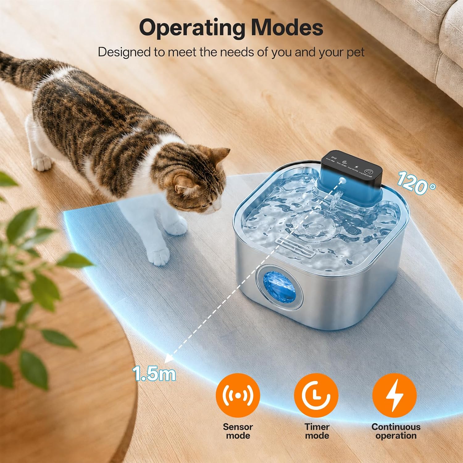 Detalle de VinDox Wireless Cat Water Fountain (108oz/3.2L) – Ultra-Quiet, Battery Powered Stainless Steel