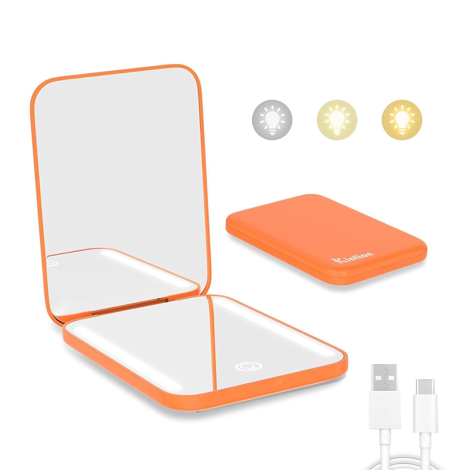 Detalle de Kintion Rechargeable Pocket Mirror (Double-Sided 1X/3X) with 3 Color Lights, Dimmable—Orange