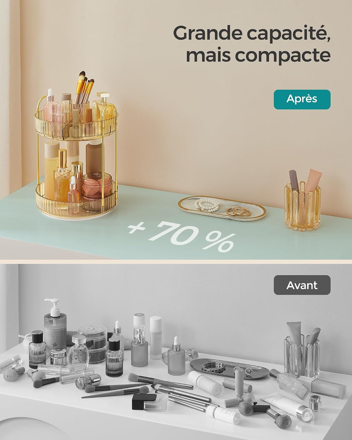 Detalle 2 de SONGMICS Organisateur Maquillage Rotatif JKA012A01 – Deux niveaux, separable, doré champagne