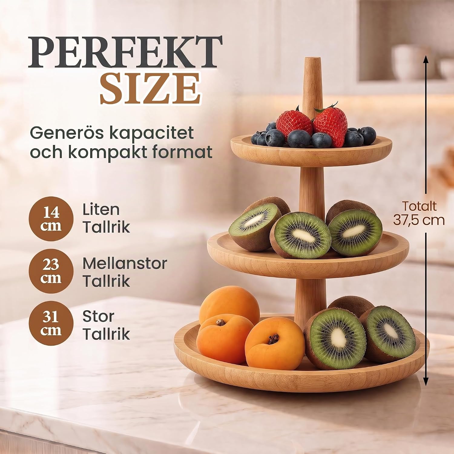 Detalle 2 de DIMONO serveringsställ i bambu med tre våningar, runda fat och 37,5 cm höjd