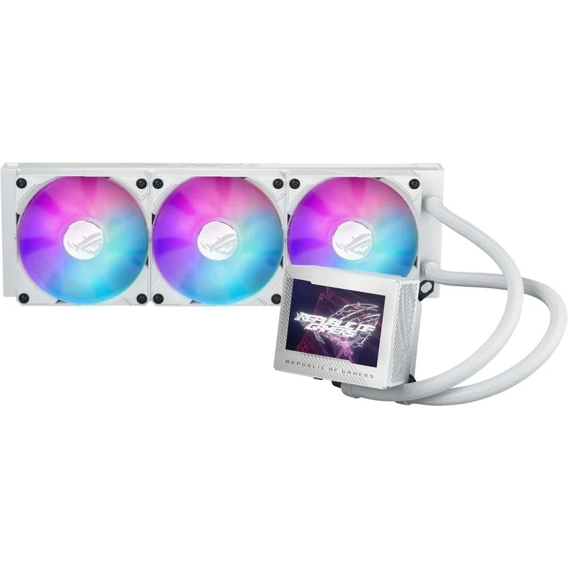 Detalle de ASUS ROG Ryujin III 360 ARGB White Edition: refrigeración líquida 360 mm con pantalla LCD