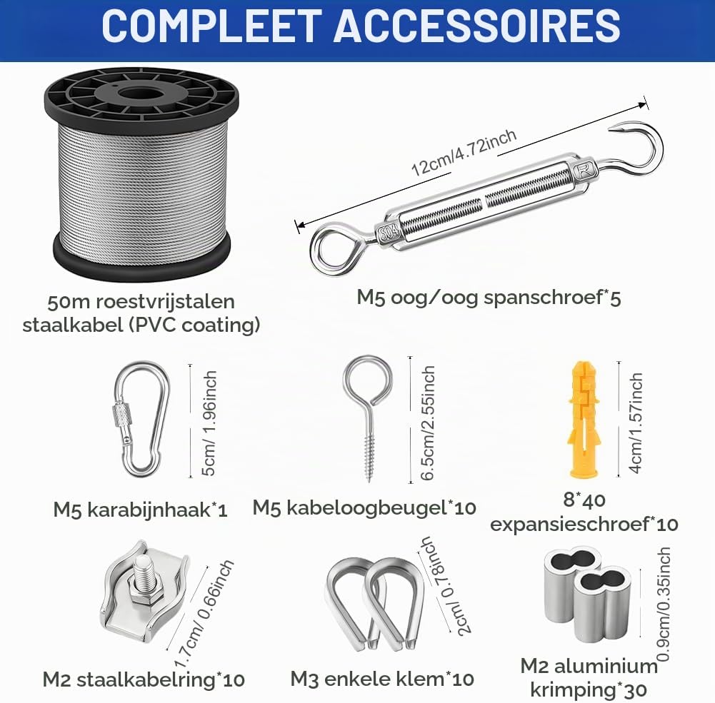 Detalle de ANOMM tuindraadset 50 m, 2 mm PVC-gecoat RVS met M5-spanners