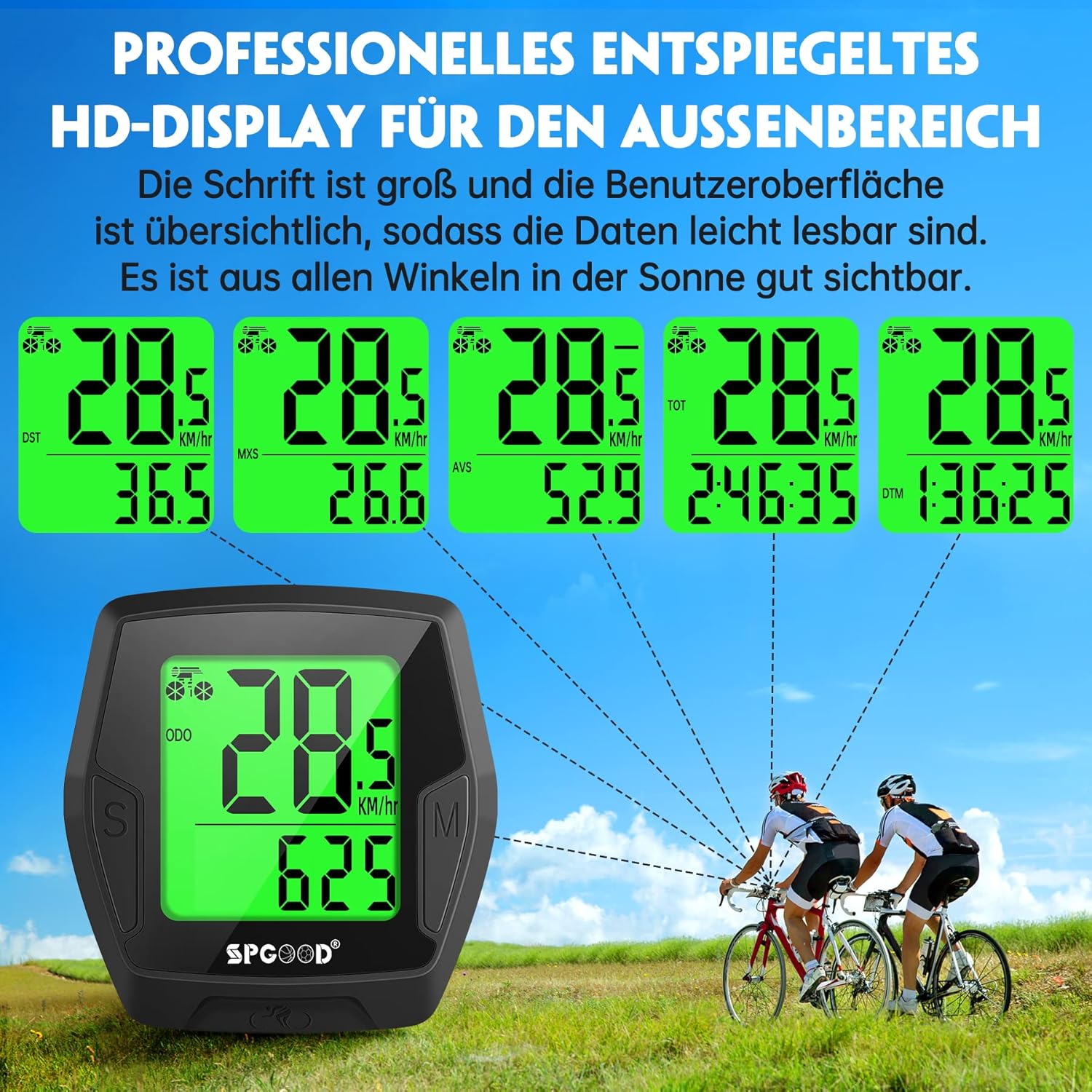 Detalle 2 de SPGOOD kabelloser Fahrradcomputer mit 21 Funktionen, IP54 und beleuchtetem Display