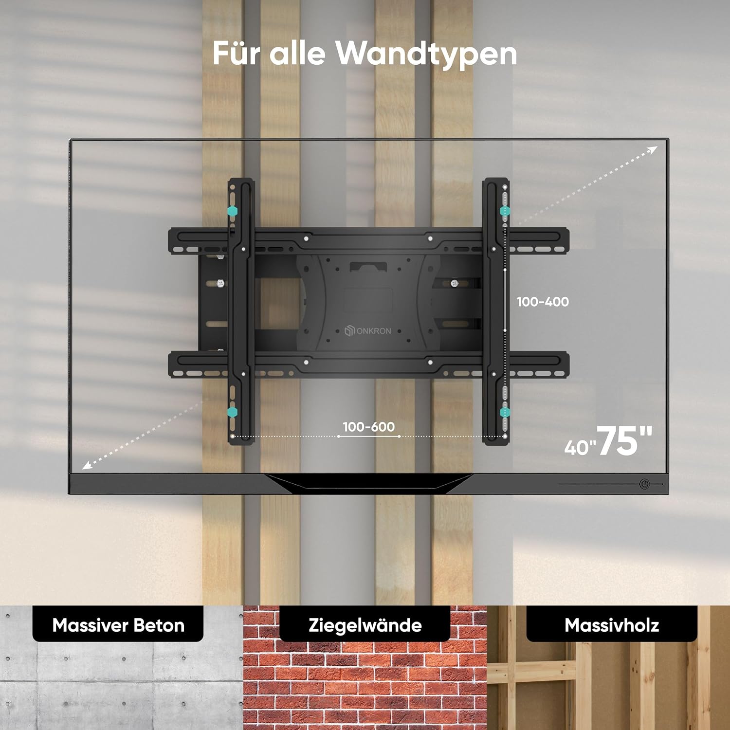 Detalle de ONKRON M7L-B TV-Wandhalterung schwenkbar für 40–75 Zoll – langer Arm, max. 68 kg, VESA 100x100 bis 600x400