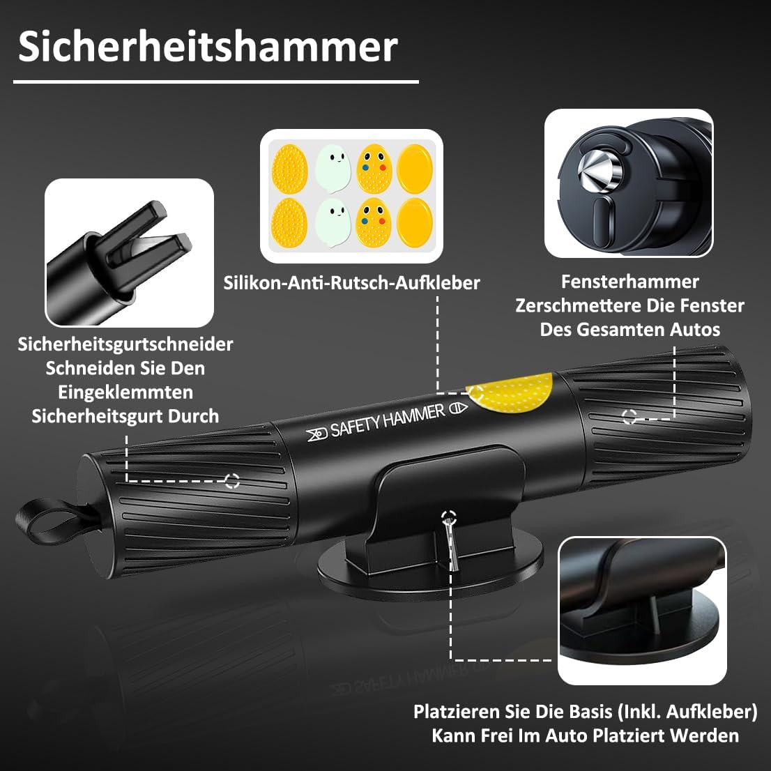 Detalle 2 de Smosun Sicherheitshammer mit Gurtschneider und Notfallhammer für PKW/LKW (mit Testglas-Zerstör-Funktion)