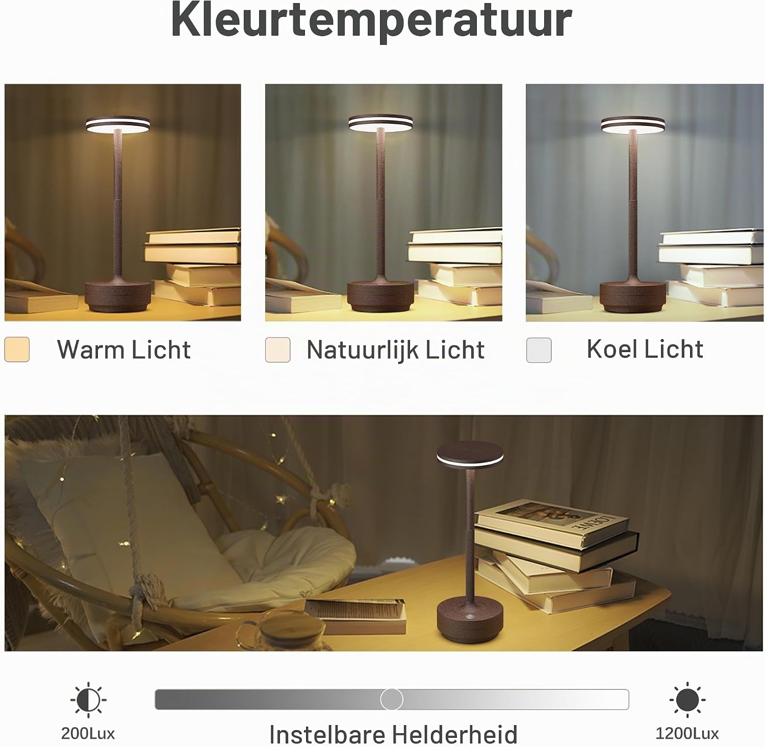 Detalle de bravzurg draadloze LED-tafellampen, set van 2, roestkleurig, dimbaar en IP54