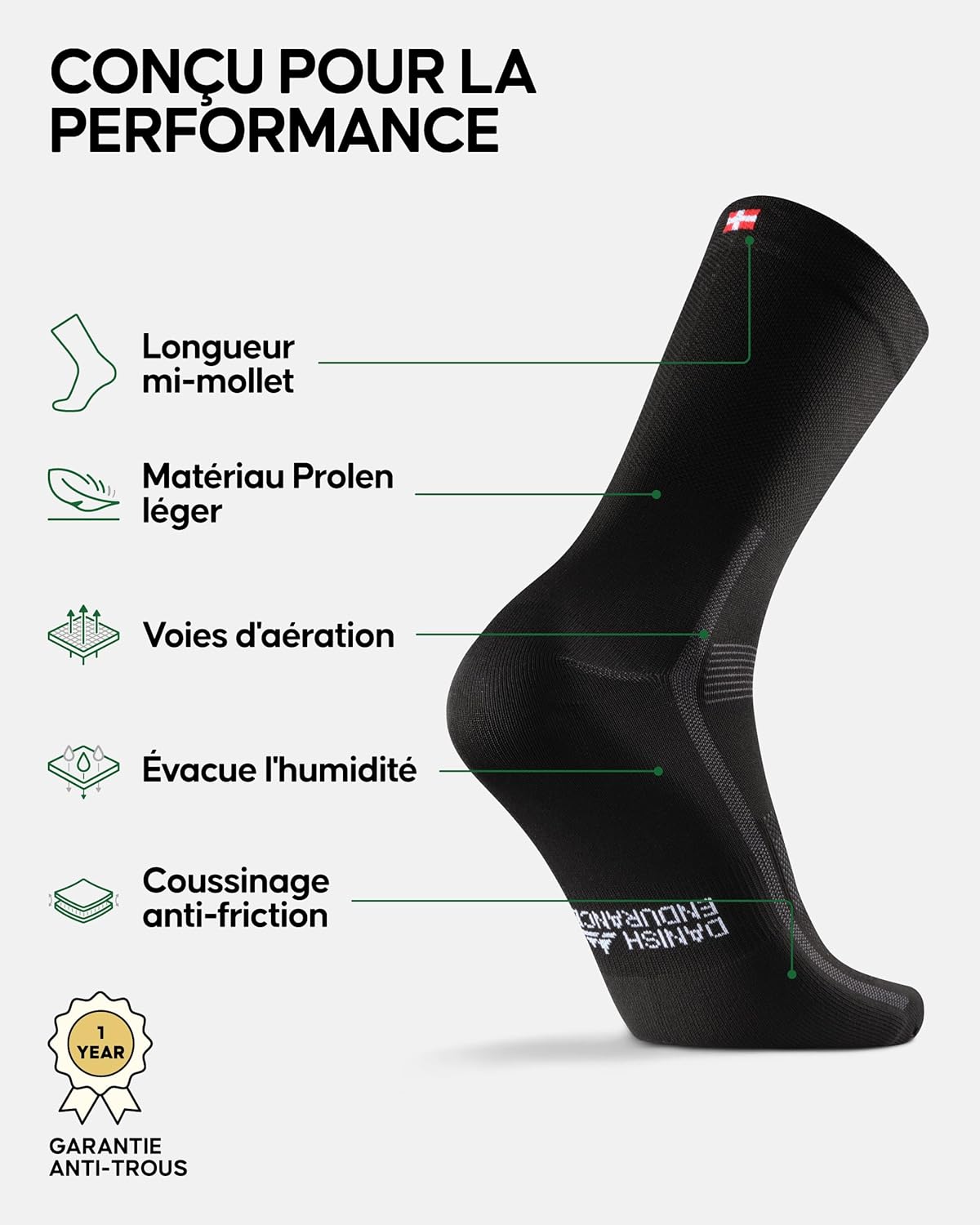 Detalle 2 de DANISH ENDURANCE Chaussettes de Cyclisme Performance – Rembourrées, Respirantes et Séchage rapide, Unisexes (Lot 3 ou 5)
