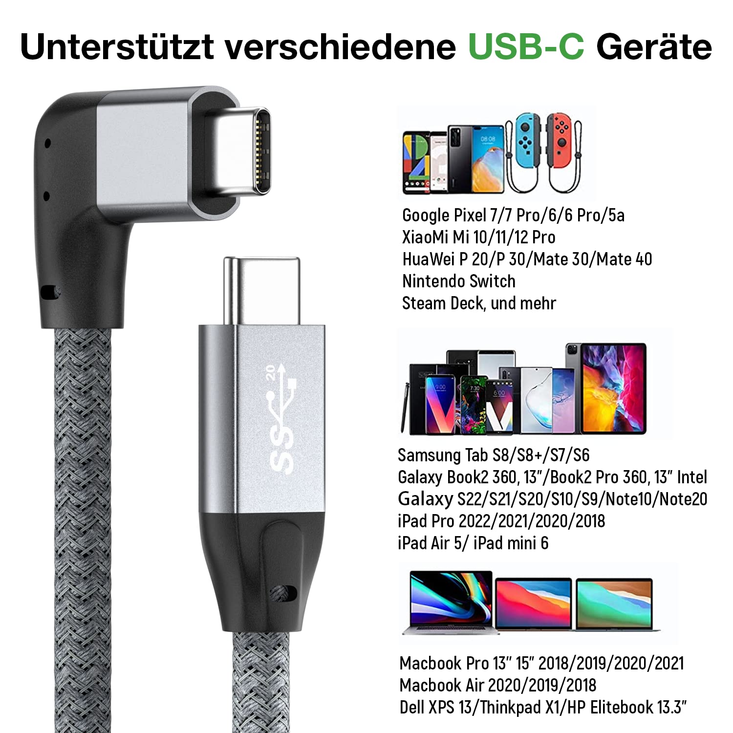 Detalle de 90 Grad USB C Kabel 20 Gbit/s, 240 W PD PPS AVS, 4K@60Hz – 50 cm