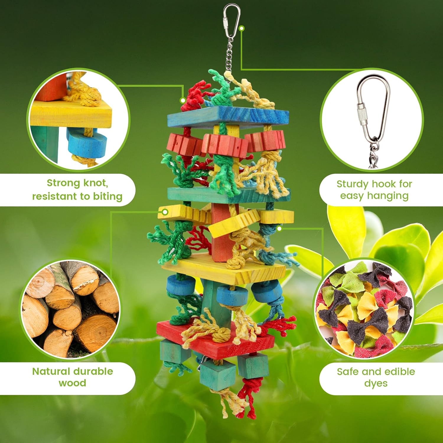 Thumbnail 2 de MQUPIN Chewing Large Parrot Toys: Multicoloured Wooden Block Toy for Cockatoos, African Grey, Macaws & Amazons (21.3" x 5.1")
