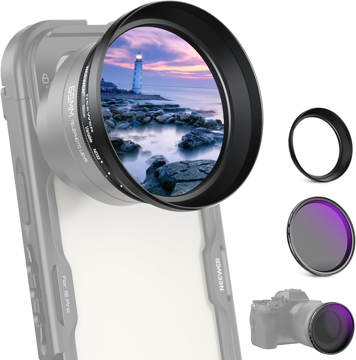 Detalle de NEEWER 58mm Variabler ND Filter mit 62mm Gegenlichtblende – ND2-32, 1–5 Stops, für 58mm Kameralinsen und 65mm Teleobjektiv für Smartphones
