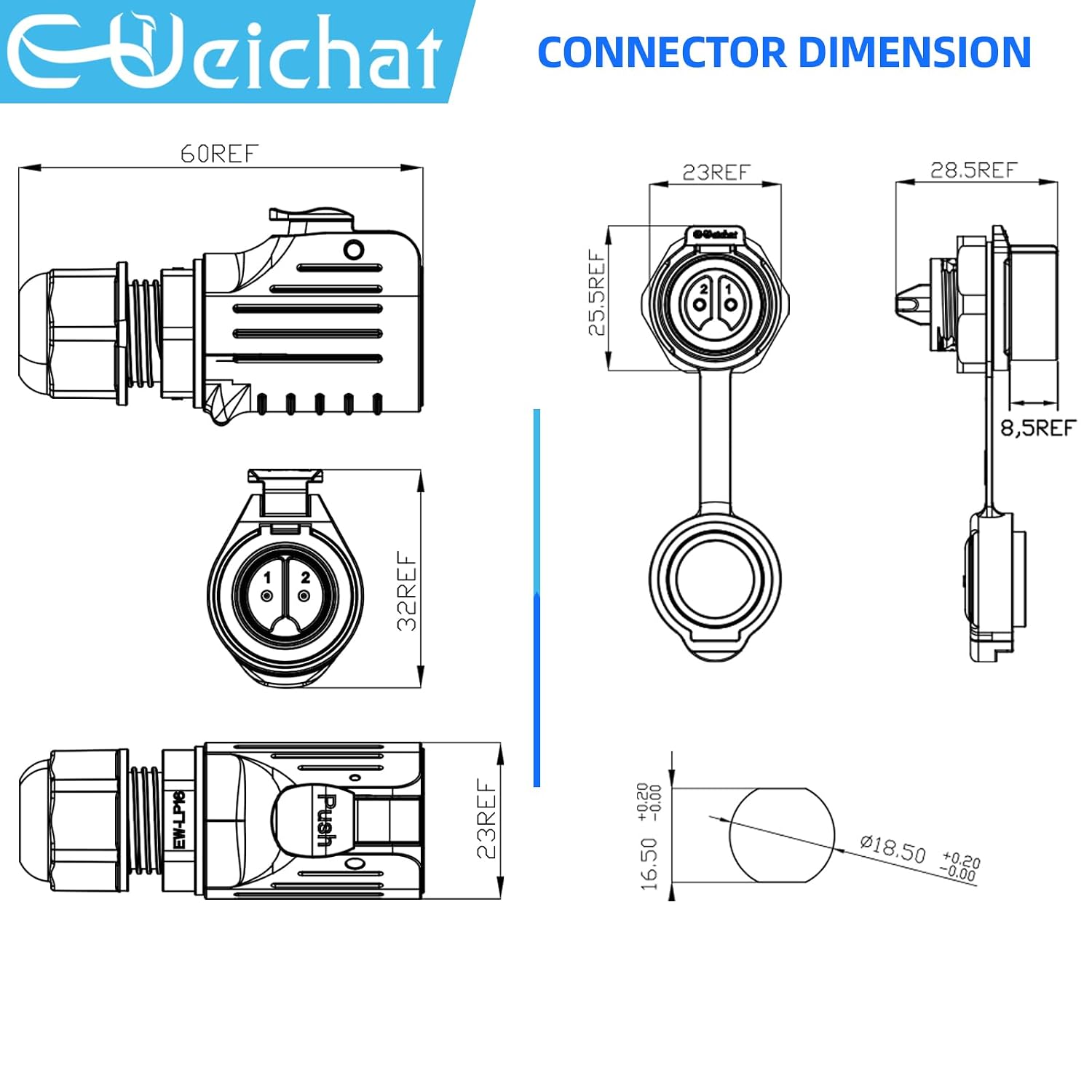Detalle de E-WeiChat EW-LP16 IP68 waterproof M16 4-pin circular connector (male plug + female socket)