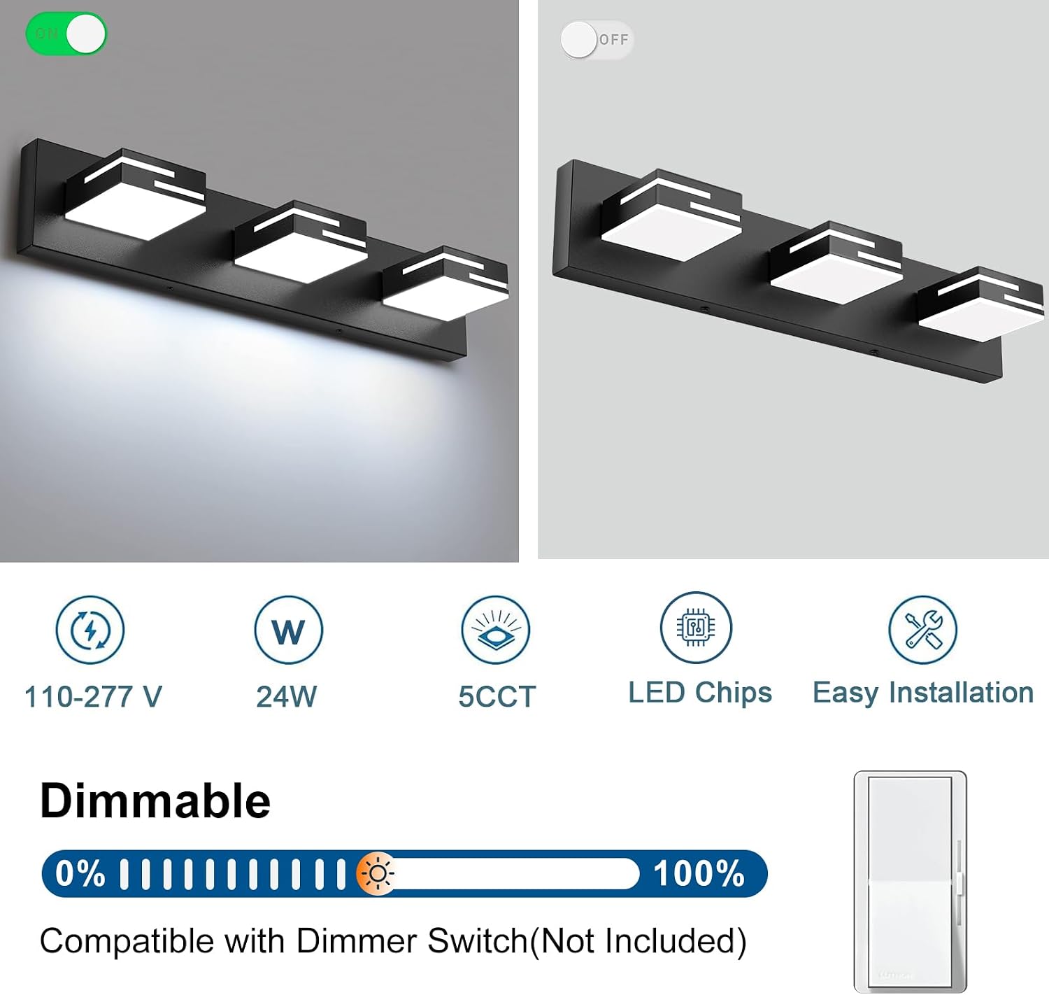 Thumbnail 3 de LKHF 9553 3-Light LED Bathroom Vanity Light, Matte Black, 5CCT Dimmable