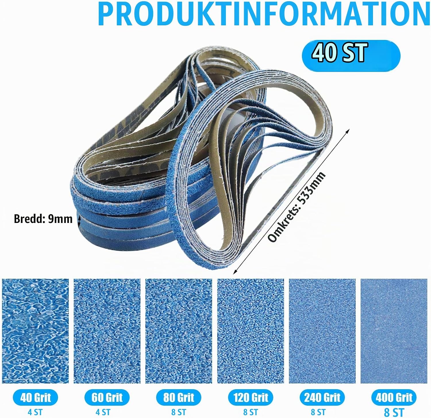 Detalle de Slipband 9 x 533 mm, 40-pack med blå zirkonkorund i sex kornstorlekar