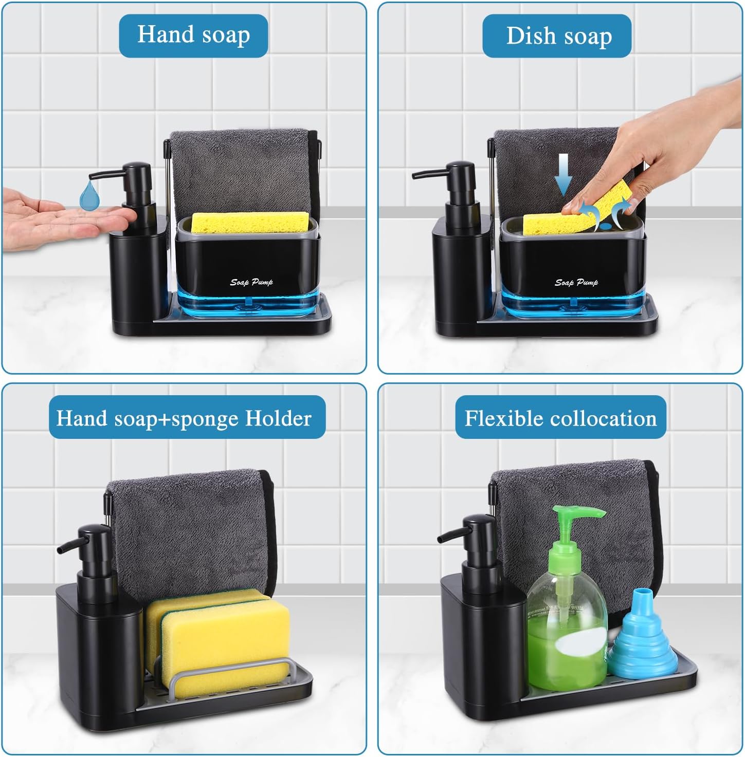 Detalle 2 de Yulado 1 4-in-1 zwarte vaatwasmiddeldispenser met sponshouder