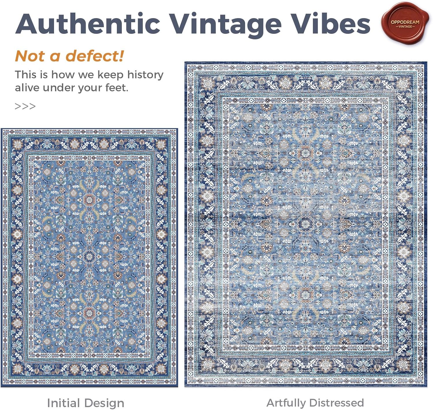 Detalle de OPPODREAM Vintage Blue 5x7 Rug — Distressed Faux Wool, Non-Slip & Machine Washable