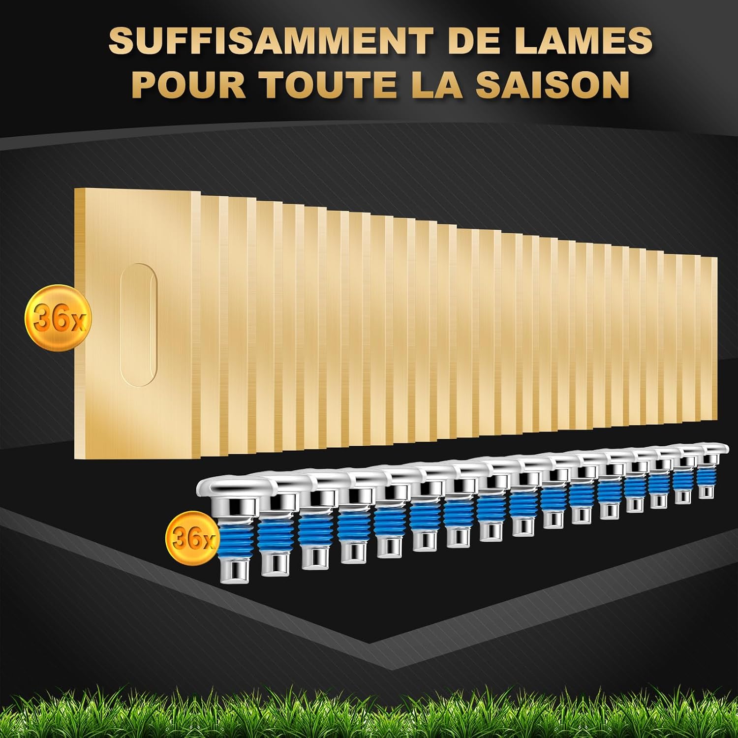Detalle 2 de FourShow - Lot de 36 lames durables en titane pour robot Husqvarna et Gardena (avec vis et revêtement de sécurité)