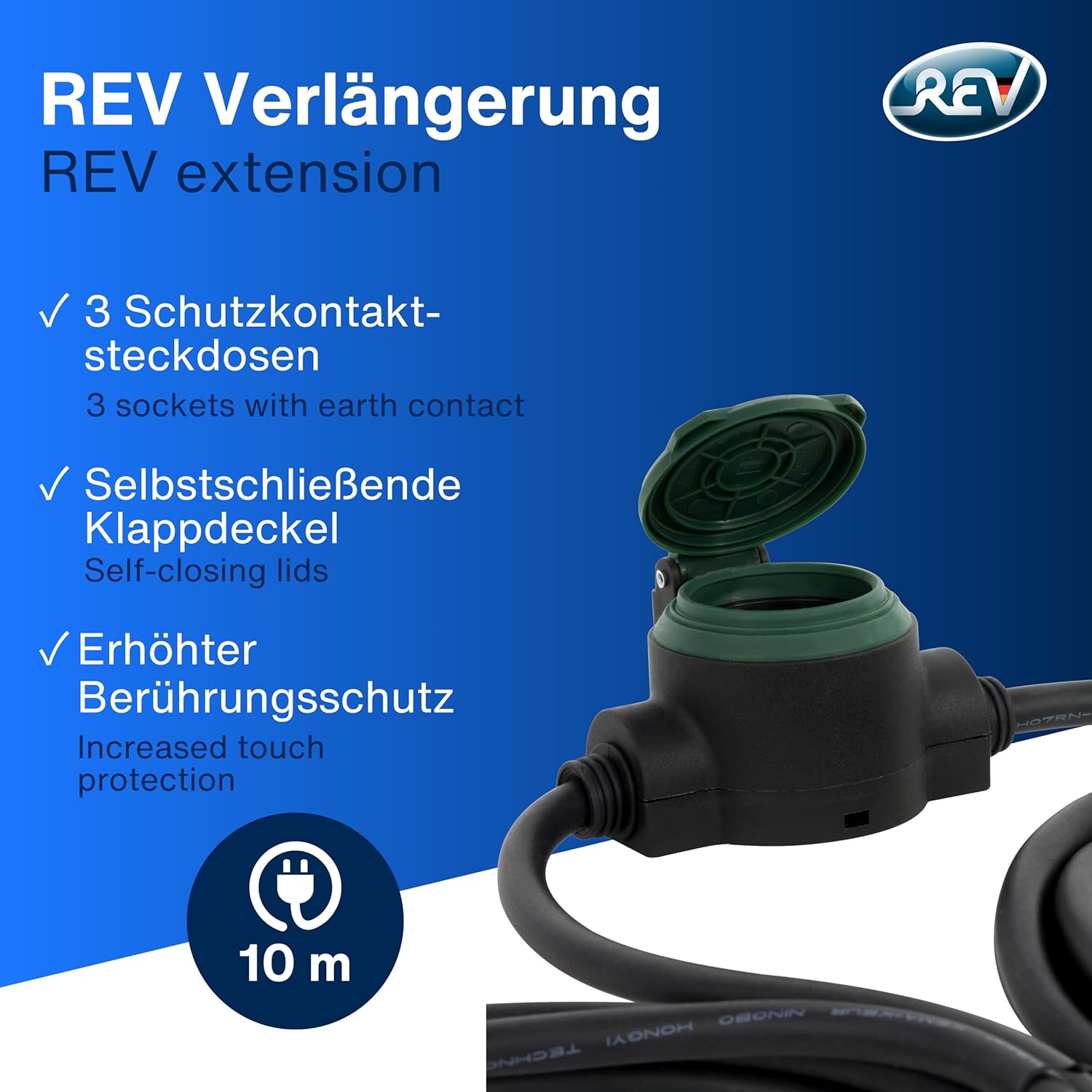 Detalle de Rallonge REV 0017103512 10 m Noir – Multiprise IP44, 230 V, 50 Hz
