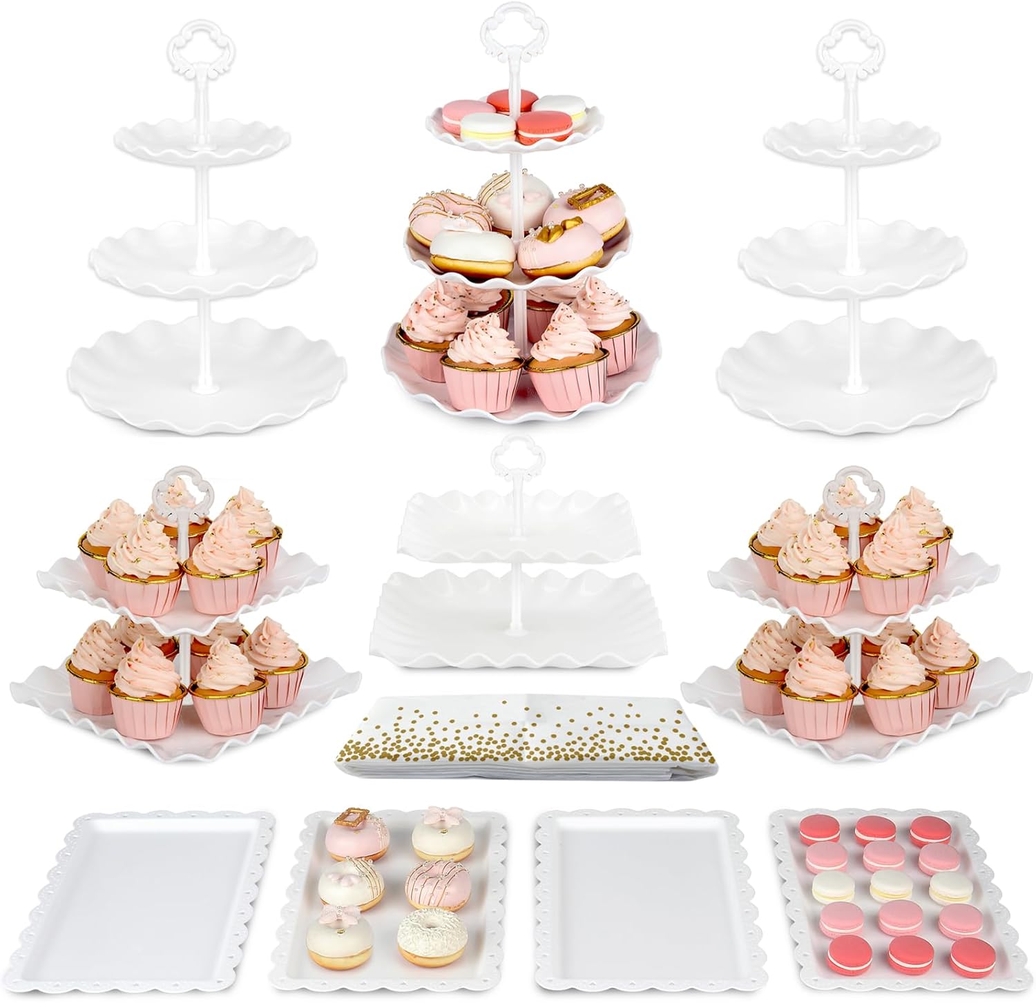 NWK Pack of 10 Cake Stand Set (Two-Tier & Three-Tier Cupcake Stands + Appetizer Trays) in White