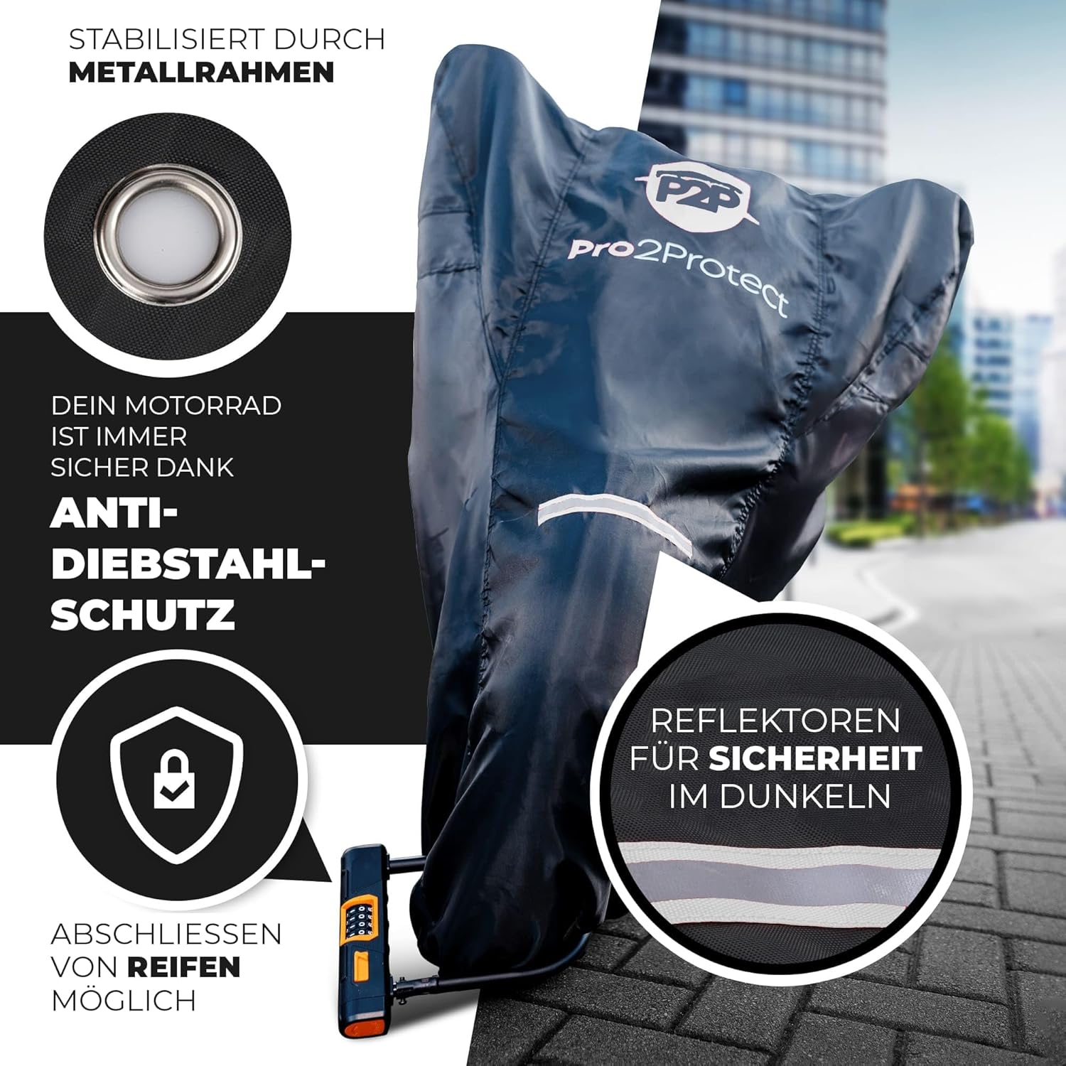 Thumbnail 2 de Pro2Protect Motorrad Abdeckplane – 245x105x125 cm, wasserdicht, Oxford Material, Reflektorstreifen, Universalpassform