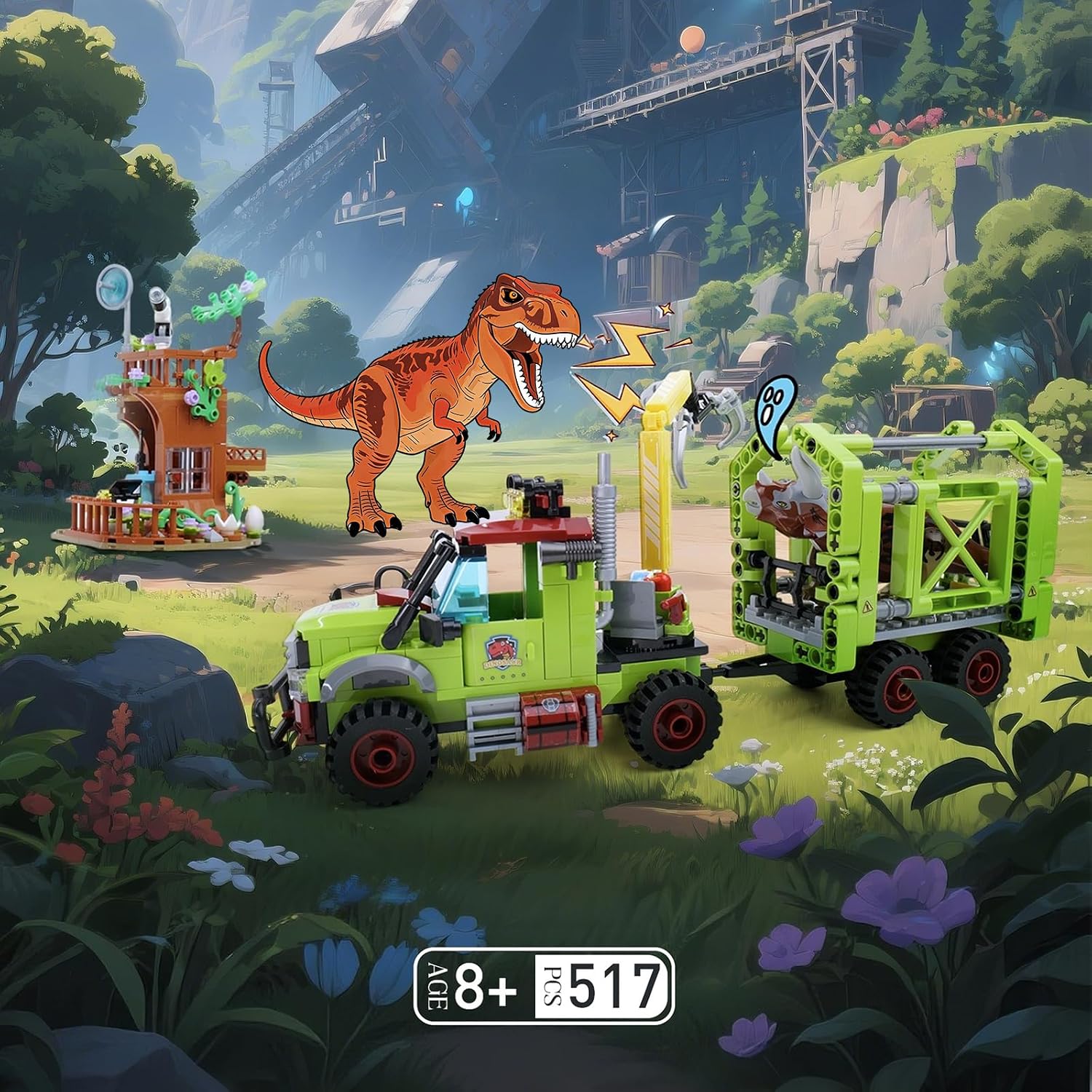 Detalle de Jurassic Dinosaur Ideas Building Set – 517-piece STEM Construction with T-Rex, Triceratops, and Jungle Observatory